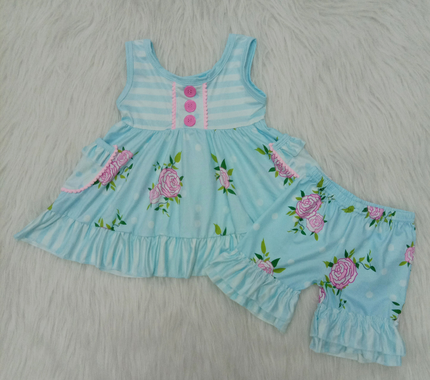 blue flowers ruffle short summer set