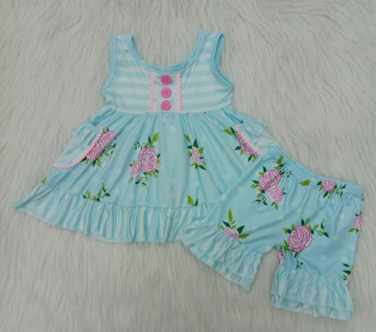blue flowers ruffle short summer set