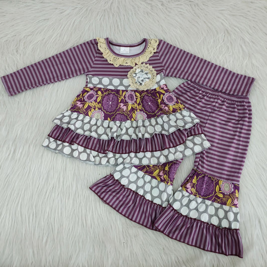 fall outfits Purple Lace long sleeves pnats boutique girl suit