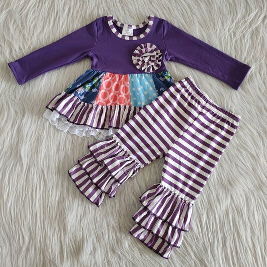 fall outfits Purple stripes flowers boutique girl suit