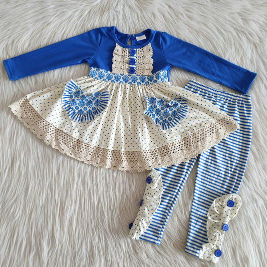 fall outfits Blue with pockets boutique girl suit