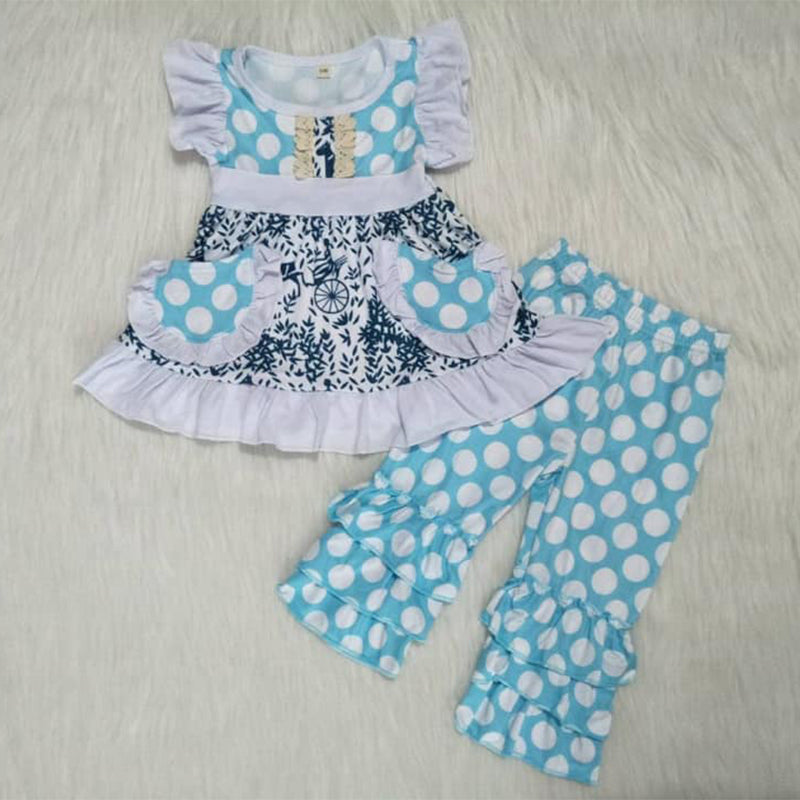 blue polka dots ruffle short summer set