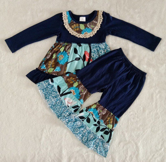 fall outfits Dark blue flowers boutique girl suit