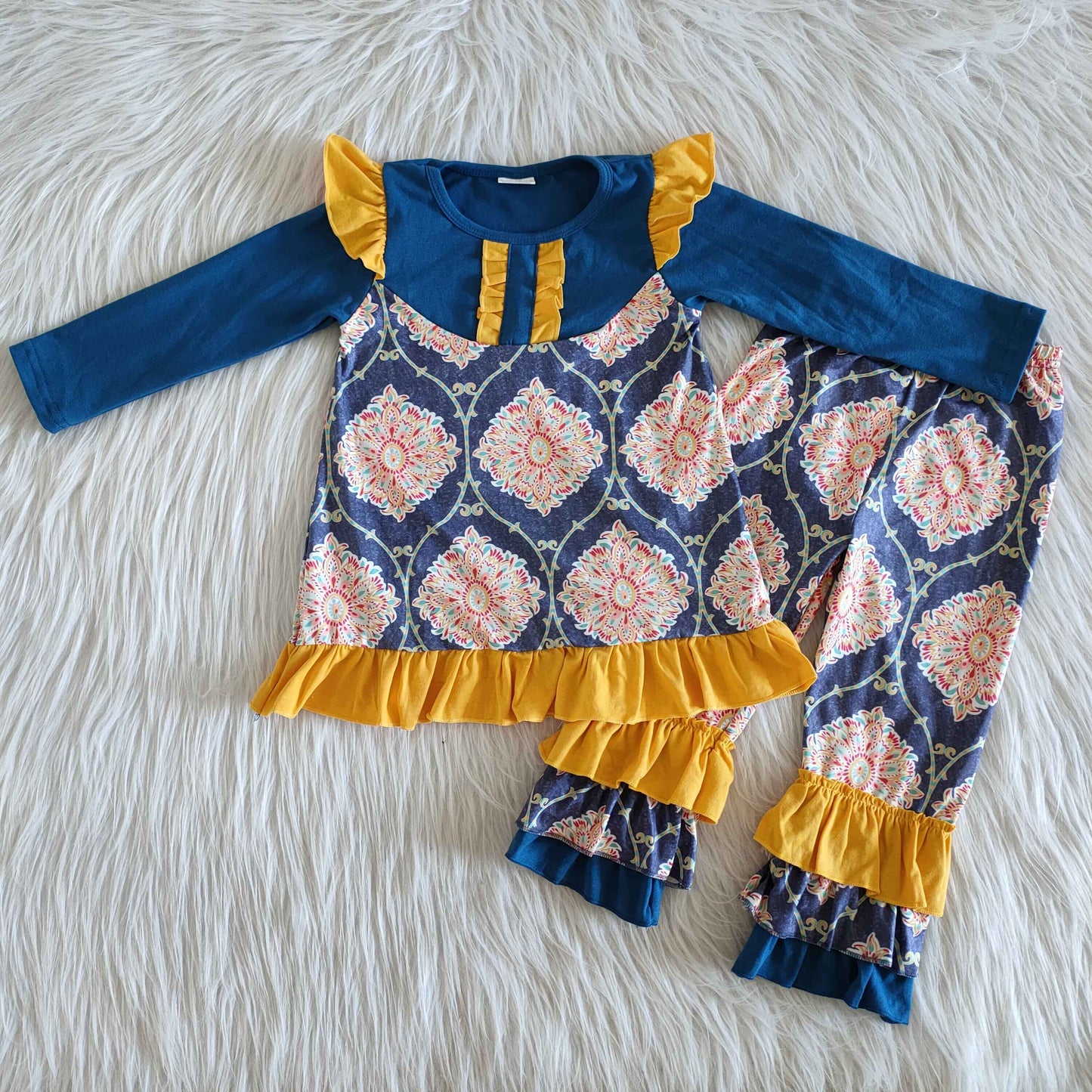 fall outfits Blue yellow flowers boutique girl suit