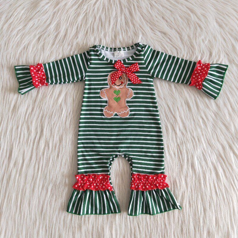Christmas green stripes girls romper