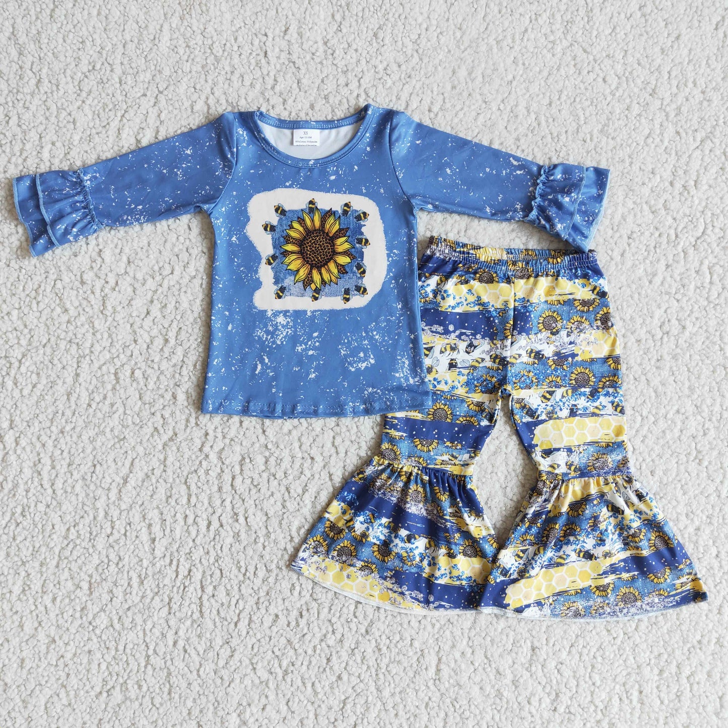 Blue Sunflower long sleeve Girl T-shirt Bell Bottom Pants Set