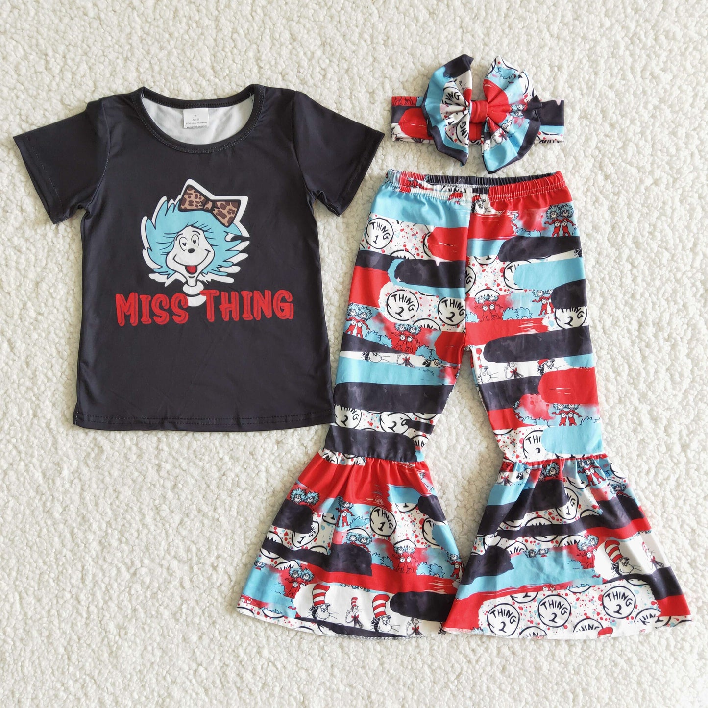 Miss Thing Black short sleeve Girl T-shirt Bell Bottom Pants Set with Bow