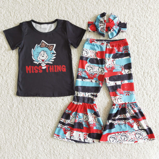 Miss Thing Black short sleeve Girl T-shirt Bell Bottom Pants Set with Bow