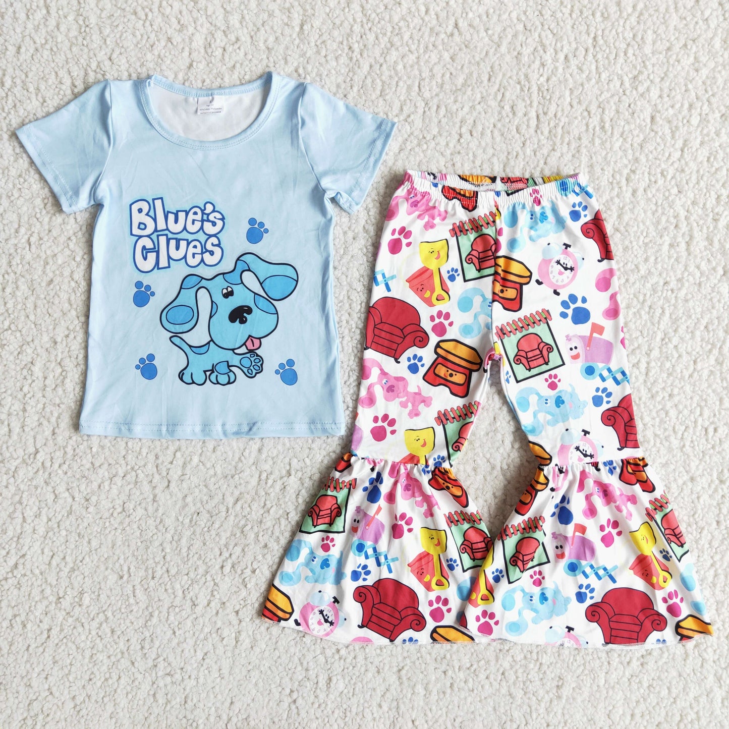 girl blue cartoon short sleeve spring fall set