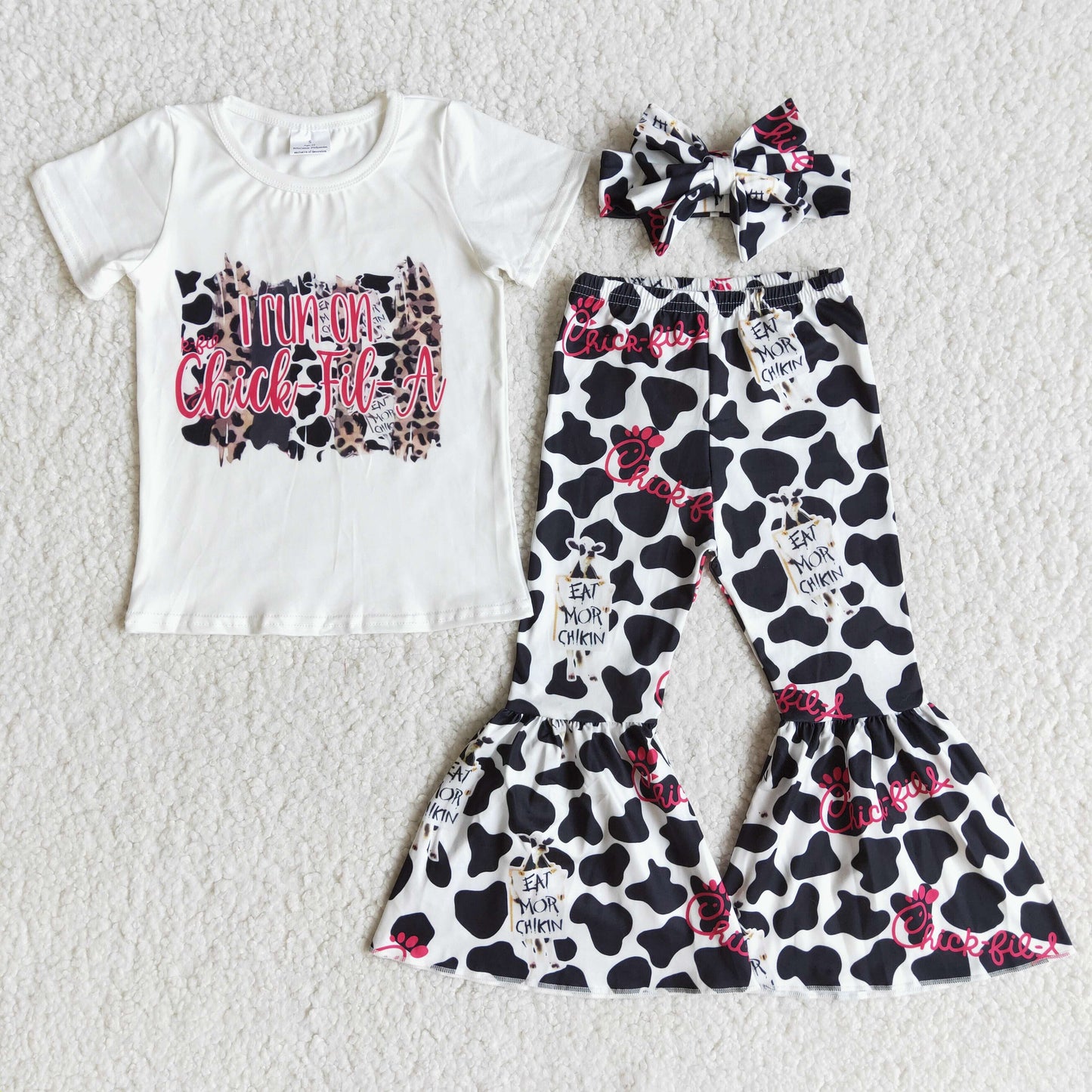 I run on click-fil-A T-shirt Cow print Bell bottom Pants Outfit with bow