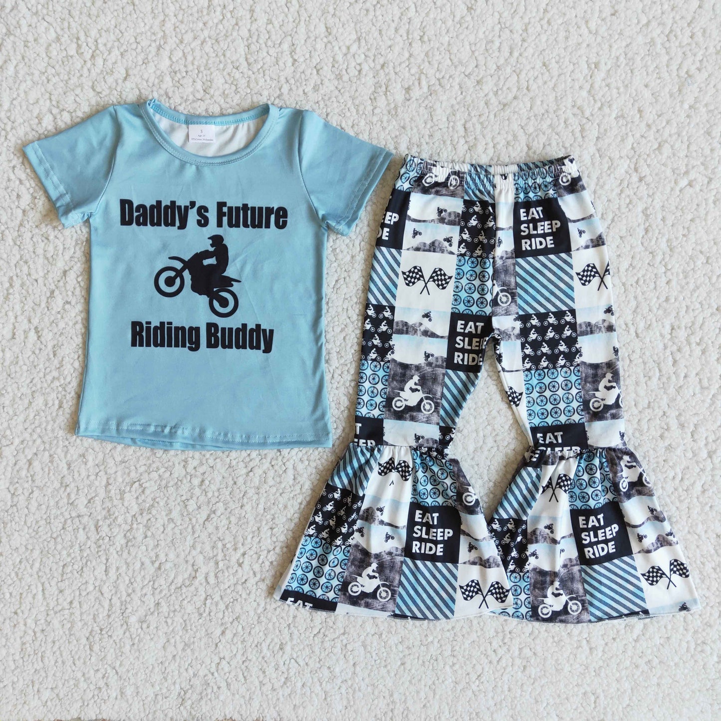 Daddy's Future Riding Buddy blue T-shirt Cartoon Bell Bottom Pants Set