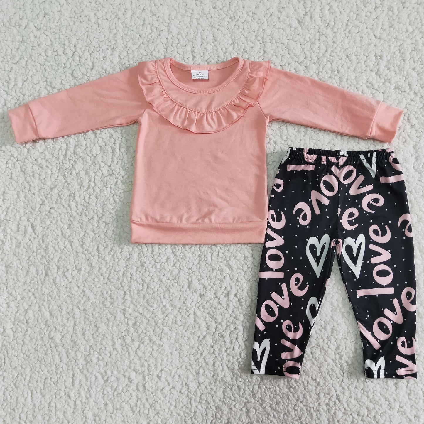 Pink Ruffle long Sleeve Top Love bell bottom Pants Set