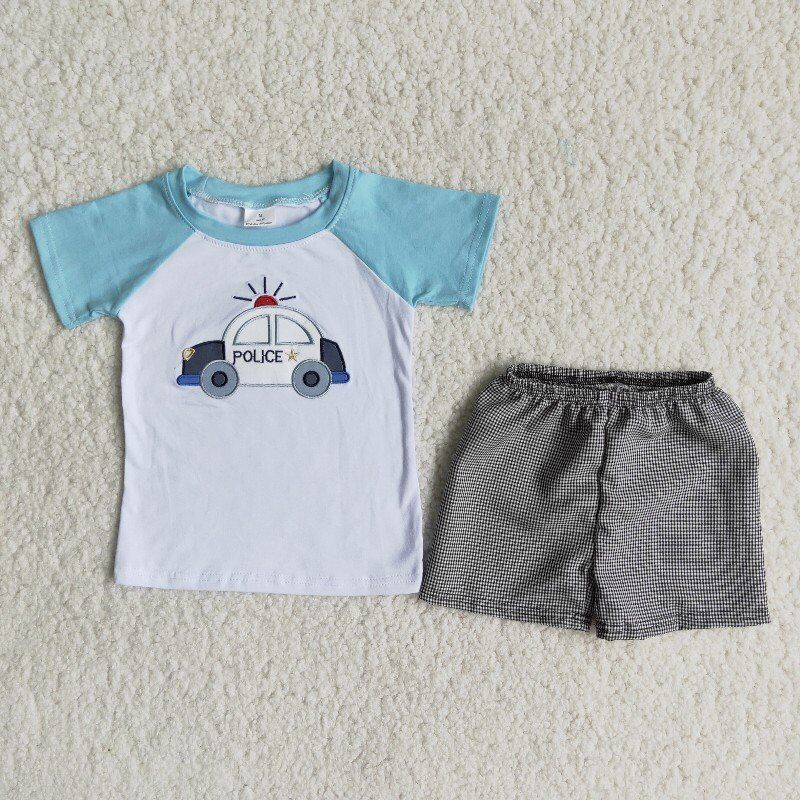 Embroidery Police car boy summer set