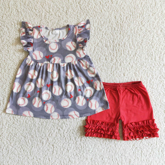 baseball red ruffle girl summer set