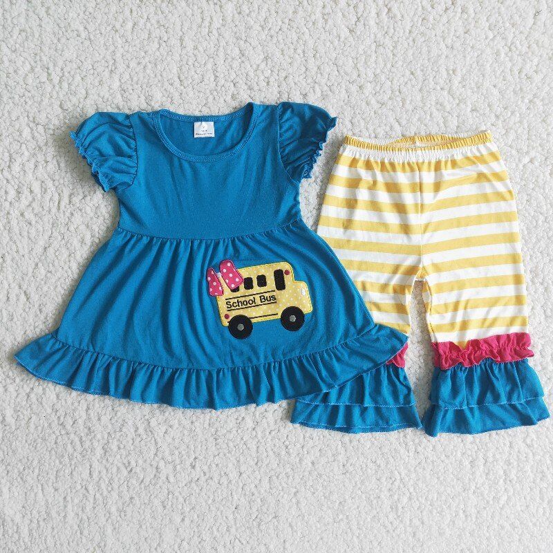 Back To School bus Embroidery Blue Set