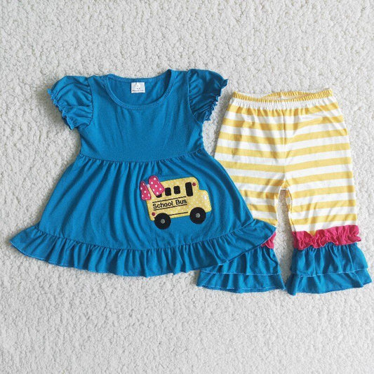 Back To School bus Embroidery Blue Set
