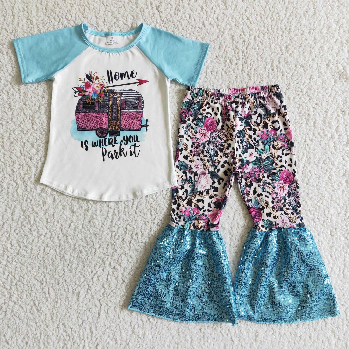 Blue Flowers Car Sequins bell girl outfits