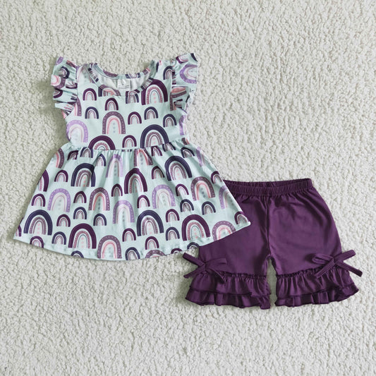 Purple Rainbow ruffle girl summer set
