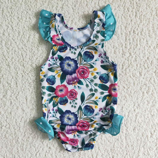 Girls Blue flowers romper Swimsuit