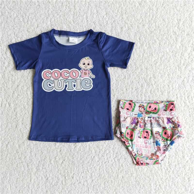 Blue Cute Cartoon Girl's Bummies Set