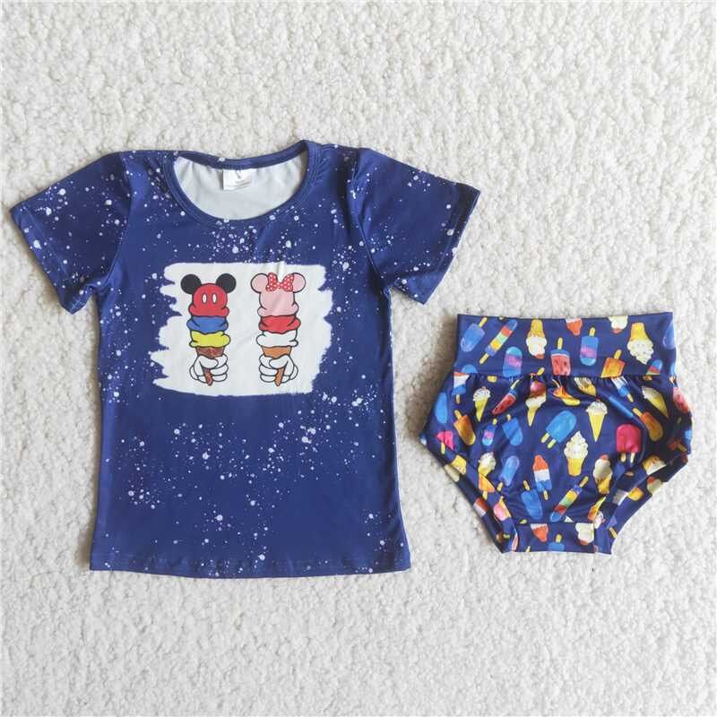 Blue Ice Cream Cartoon Girl's Bummies Set