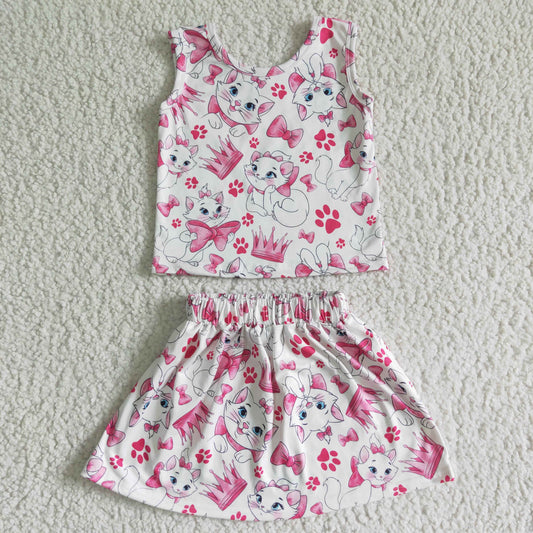 Pink Cat Cartoon +Skirt Girls Summer set
