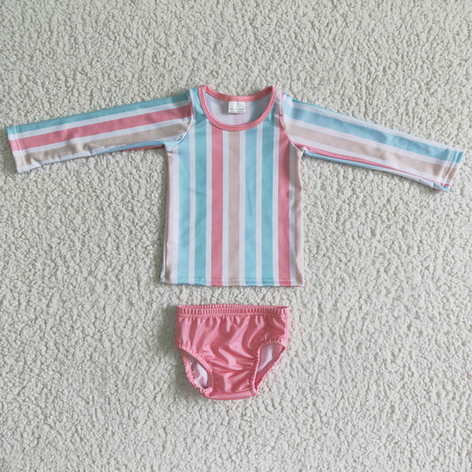 Pink Stripe long Sleeves 2pc girls summer Swimsuit