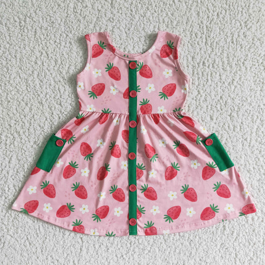 Pink Strawberry With Pocket Big Skirt Girls Dress