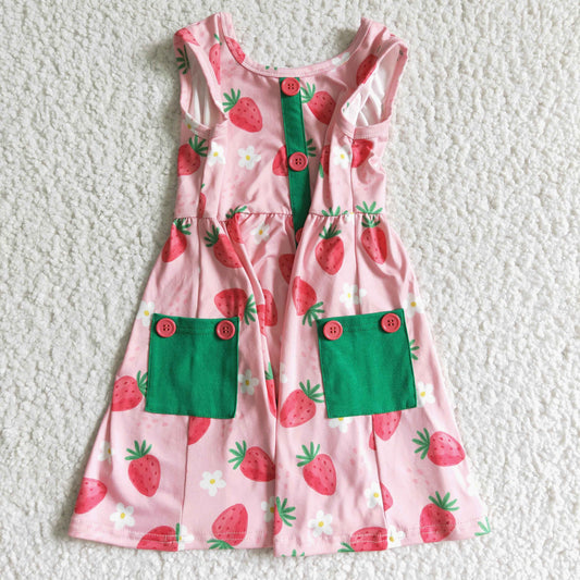 Pink Strawberry With Pocket Big Skirt Girls Dress