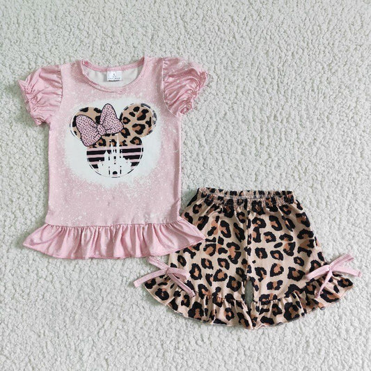 Pink Leopard Cartoon Girls Summer Set