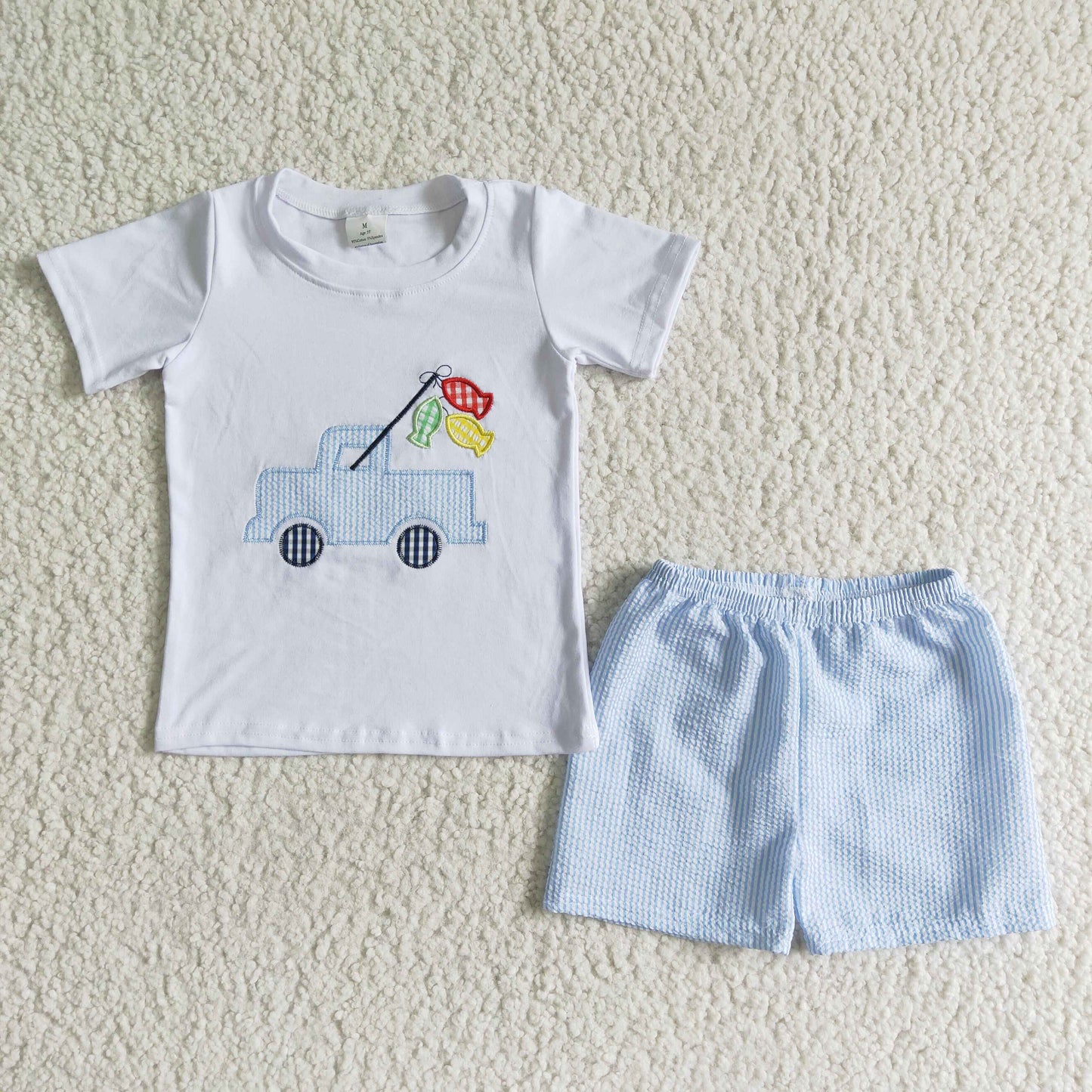 Embroidery fishing Car Blue Plaid boy Summer Set