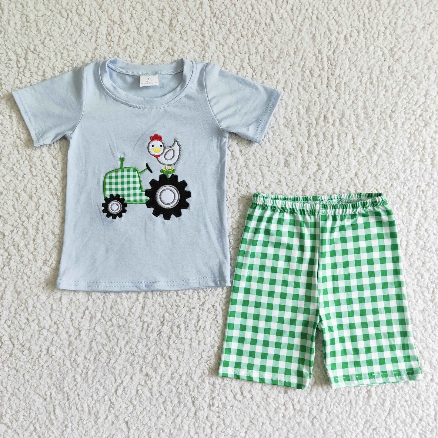 Embroidery Chick Green Plaid Boy Summer Set