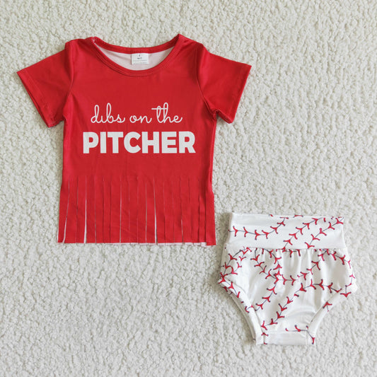 Red Baseball PITCHER Girls Set Bummies