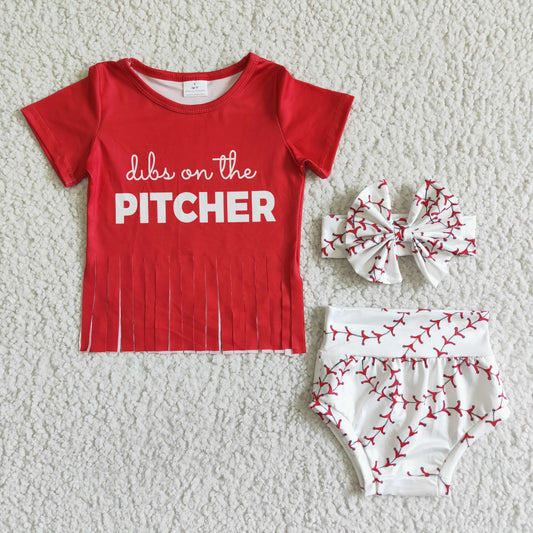 Red Baseball PITCHER Girls Set Bummies