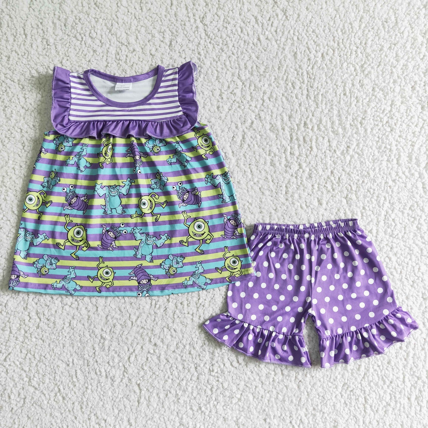 Purple Carton Dots Short Ruffle Girls Summer Set
