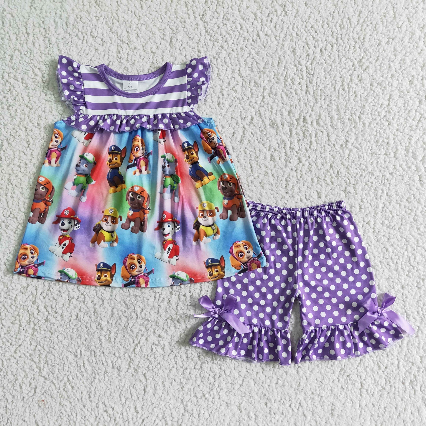 Purple Cartoon Dog Dots Girls Summer Set