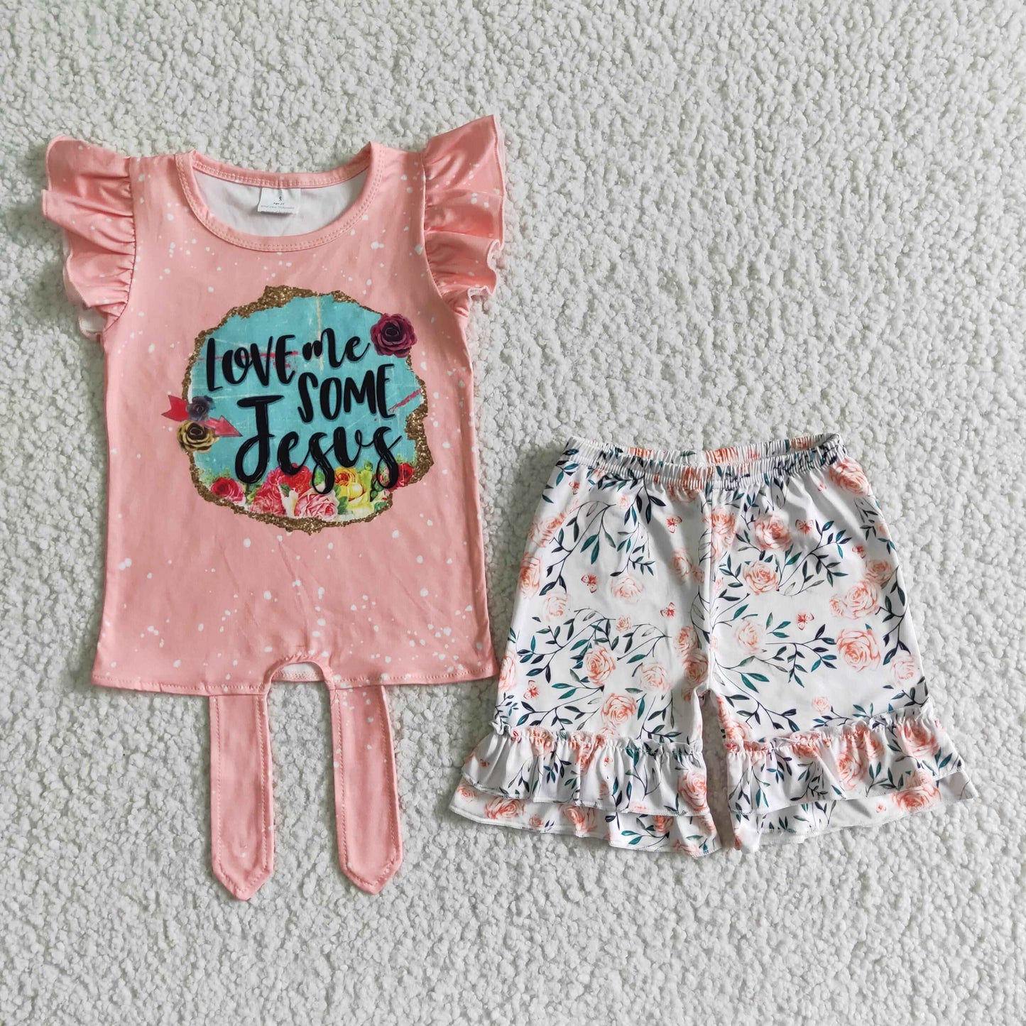 Pink Flowers Love Some Jesus Ruffle Summer Set