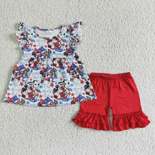 July of 4th Cartoon Red Ruffle girl summer set