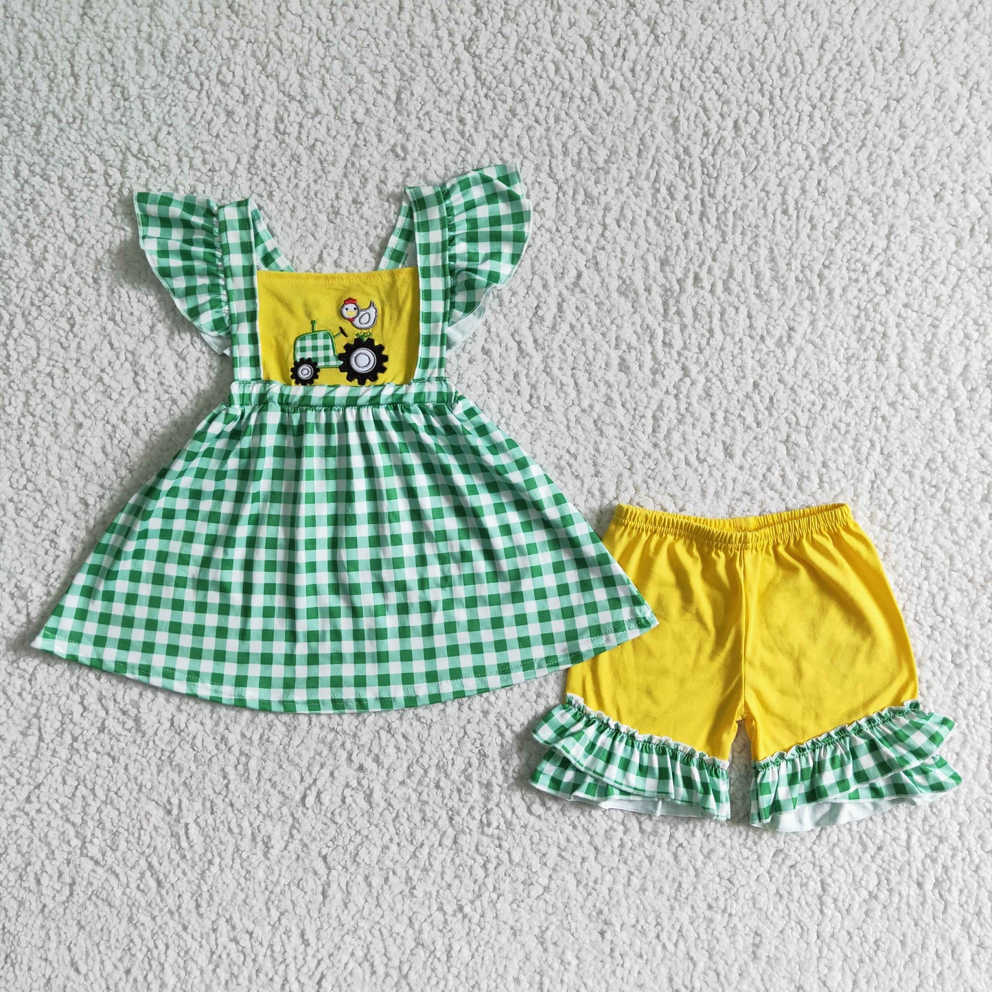 Embroidery Chick Green Plaid Girls Summer Set