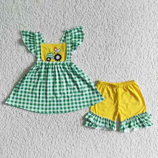 Embroidery Chick Green Plaid Girls Summer Set