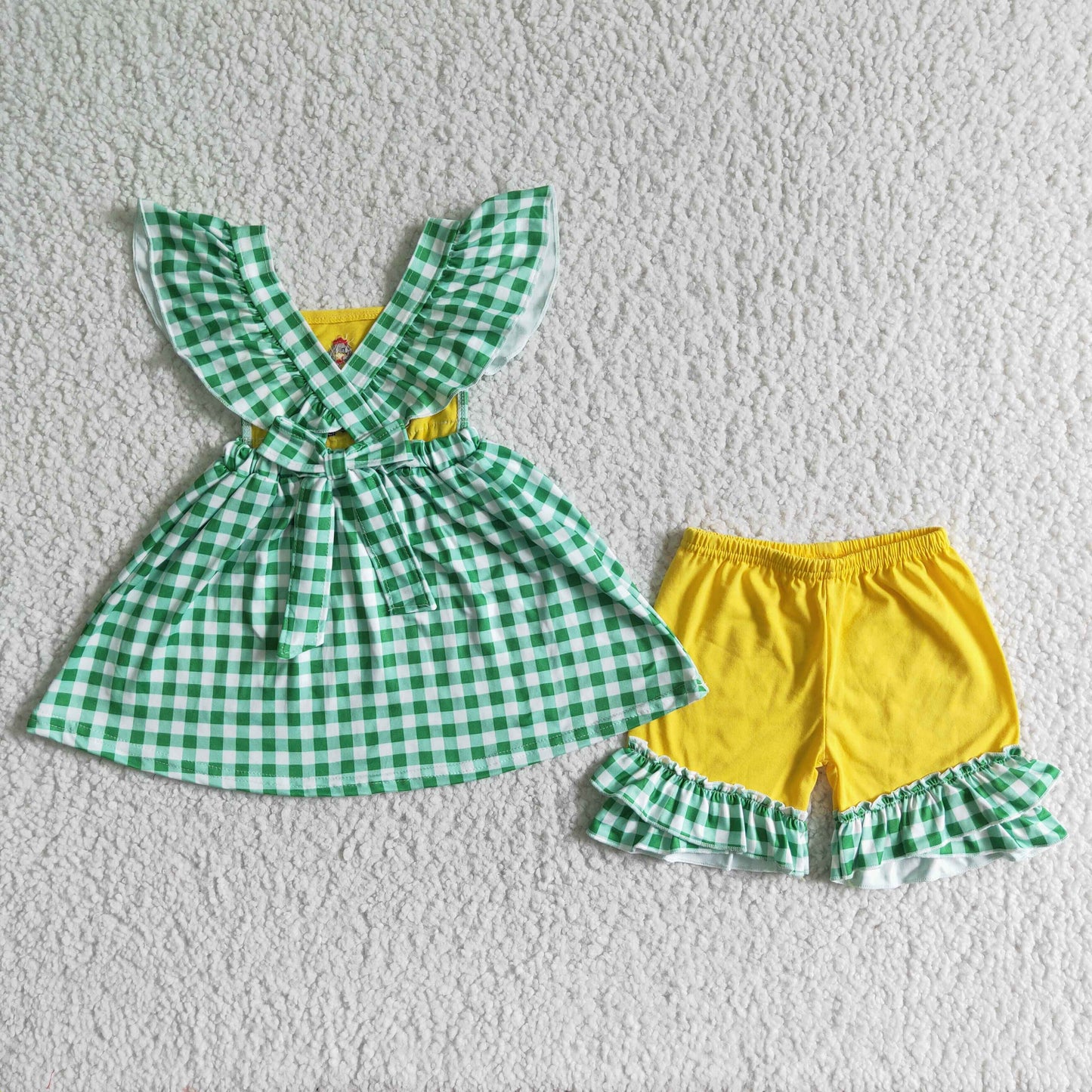 Embroidery Chick Green Plaid Girls Summer Set