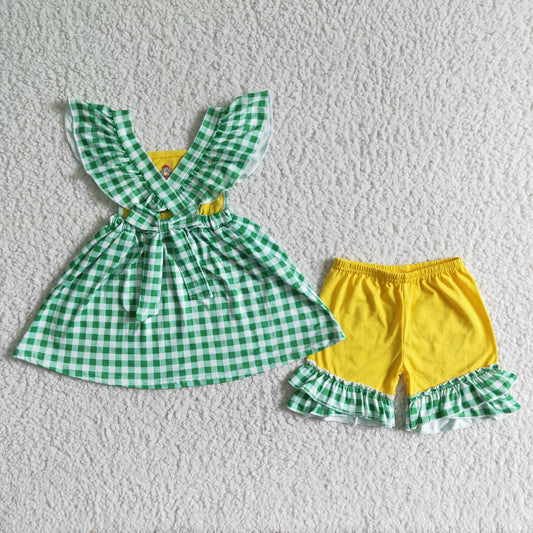 Embroidery Chick Green Plaid Girls Summer Set