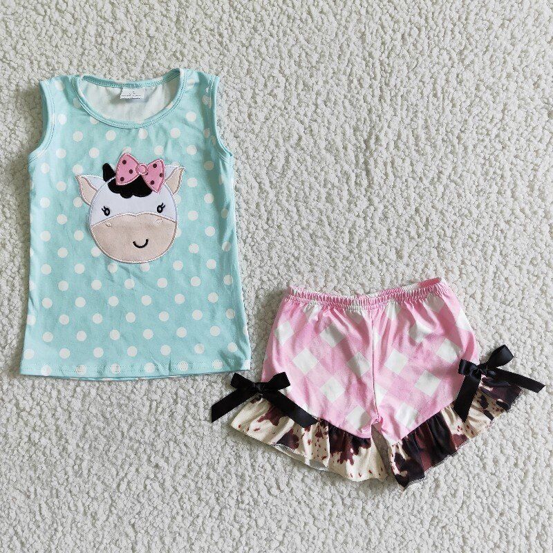 Embroidered Cow Pink Ruffle Girls Set