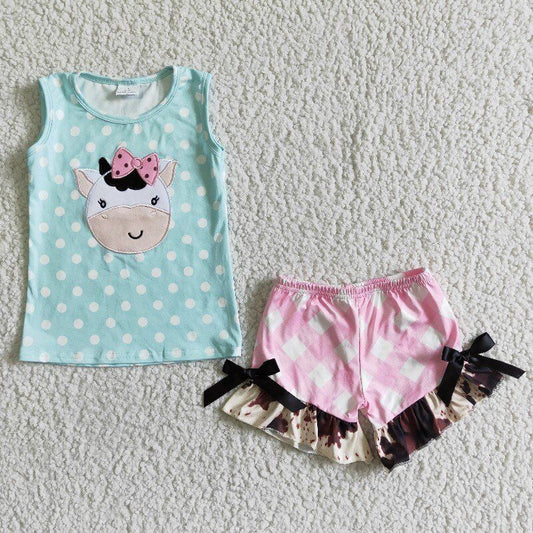 Embroidered Cow Pink Ruffle Girls Set