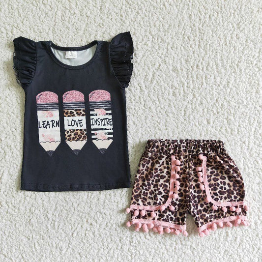 Back To School Black Leopard Pencil Girls Summer Set