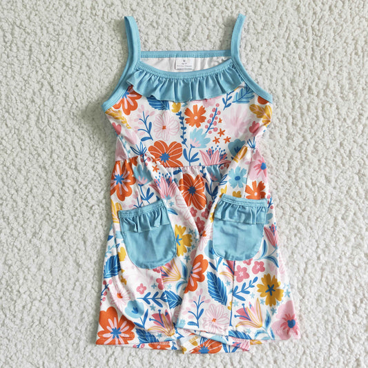 Blue Flowers With Pocket Big Skirt Girls Dress