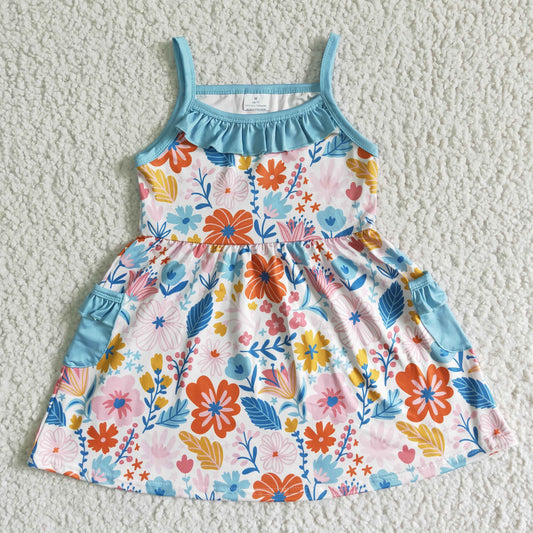 Blue Flowers With Pocket Big Skirt Girls Dress