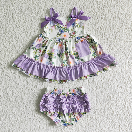 Purple Flowers Girl's Bummies Set