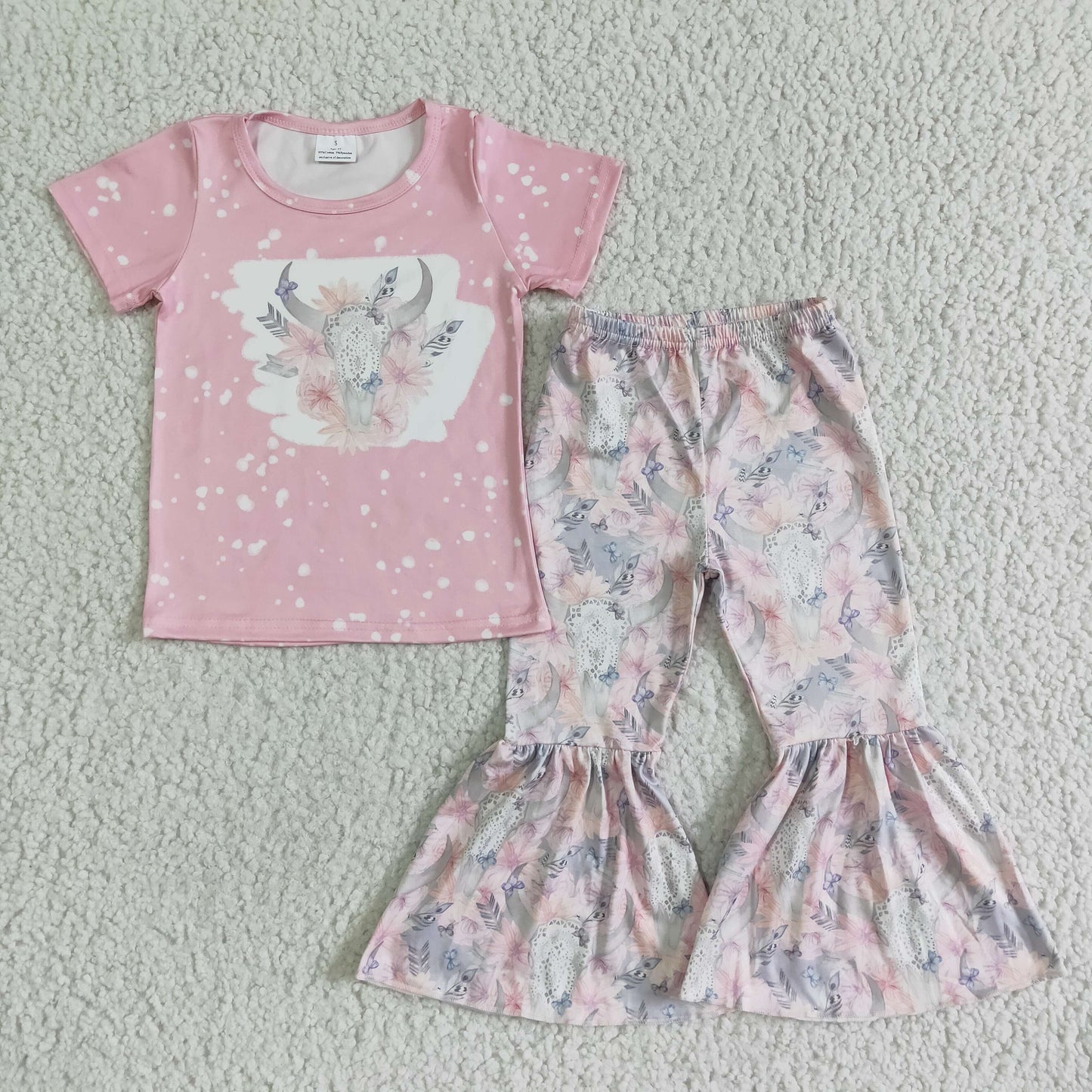 Pink Flowers Cow Bell Pants Summer Set