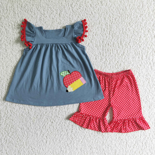 Back To School Embroidery Apple Pencil Ruffle Set